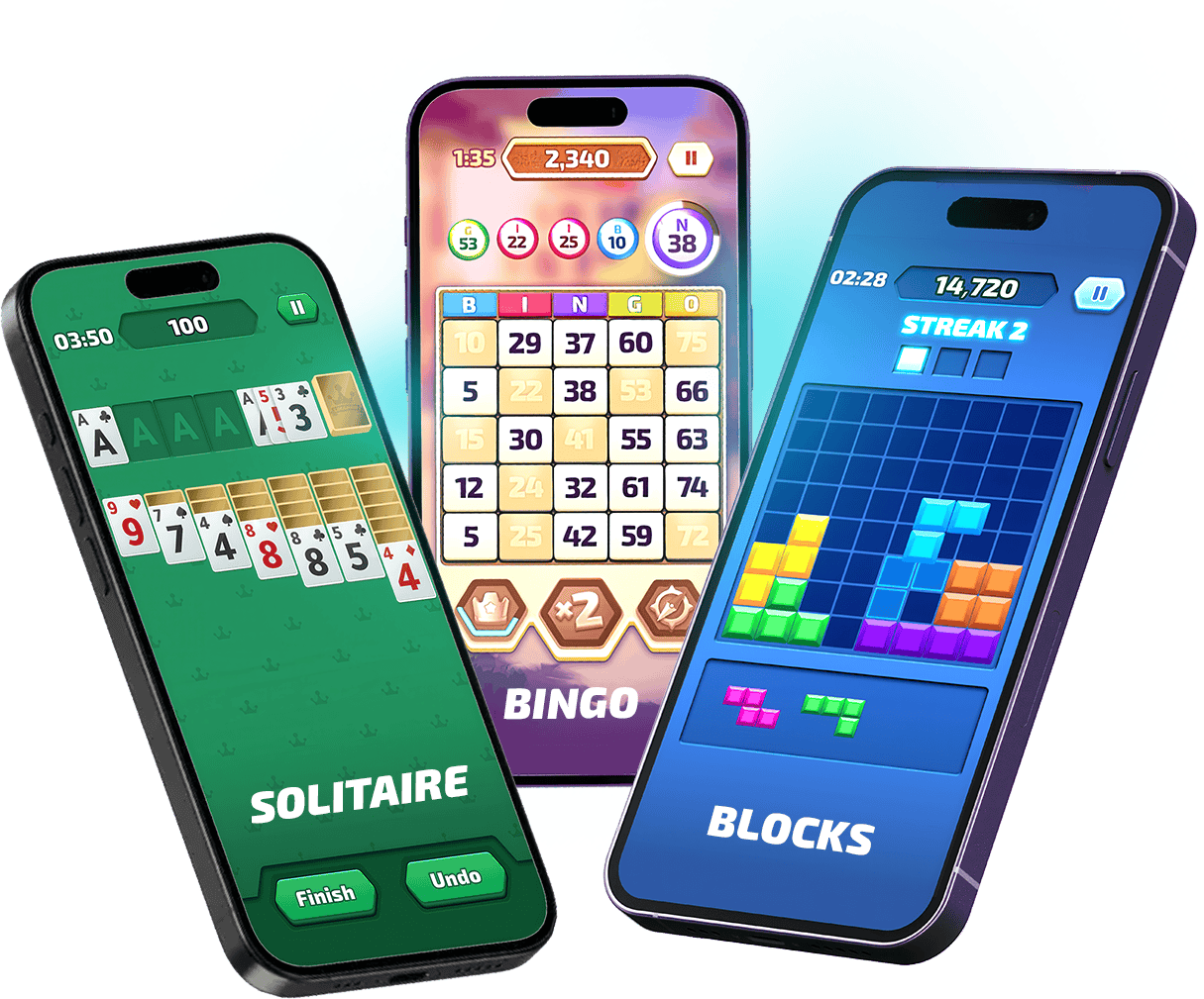 Solitaire, Bingo, and Blocks games on mobile phones